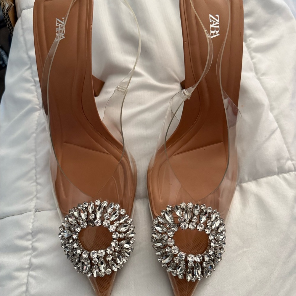 Zara Women's Brown and Clear Crystal Heels